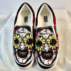 Midnight Monster Horror Slip-On Sneakers – Sunflower Eyes & Blood Splatter Art